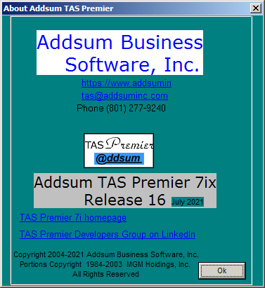 Addsum TAS Premier 7ix release 16 about screen