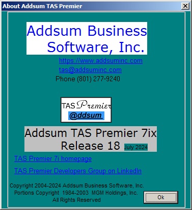 Addsum TAS Premier 7ix release 18 about screen